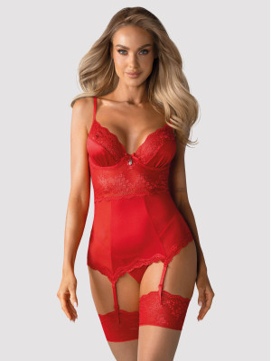 Obsessive Lovica Corset: Rotes, glänzendes Dessous-Set mit Strumpfhaltern