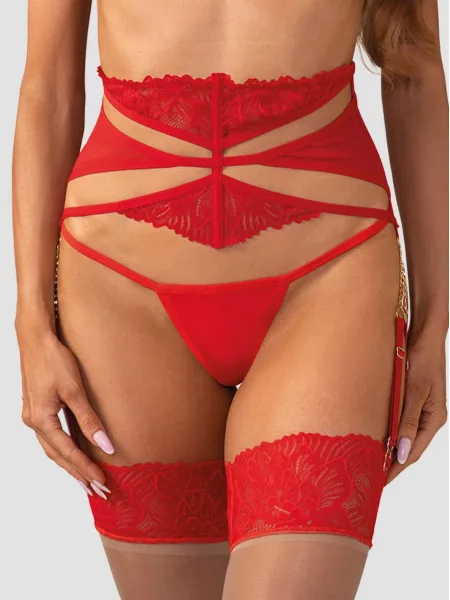 Obsessive Matildea Strumpfband: Rotes, transparentes Netzgewebe mit Kettendetails