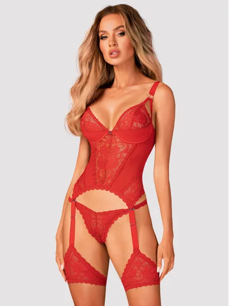 Obsessive Belovya Rotes Spitzenkorsett mit Strapshaltern und String