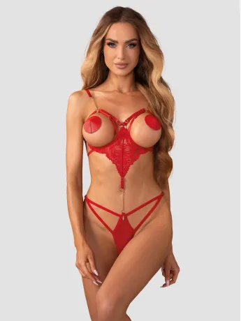Offener roter Spitzen-Body mit Ketten und Riemchen Obsessive Matildea