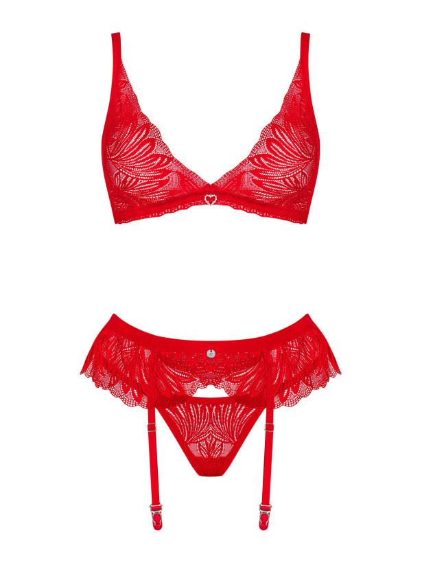 Obsessive Chilisa Verführerisches rotes Spitzen-Set: Soft-BH, String und Strumpfhalter