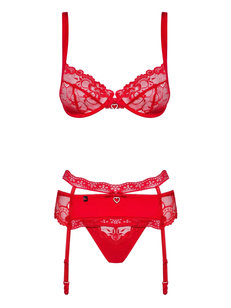 Red Lingerie Set Obsessive Heartina — 3-Piece Floral Lace