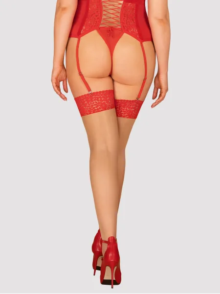 Obsessive Blossomna Strümpfe: Nude-transparente Strümpfe mit rotem Spitzenoberteil
