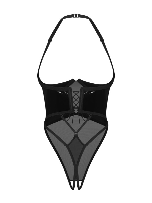 Black Latex-Look Open Cup Crotchless Teddy Obsessive Rolleya