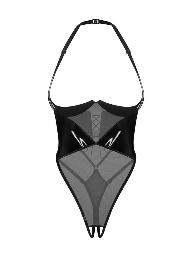 Black Latex-Look Open Cup Crotchless Teddy Obsessive Rolleya