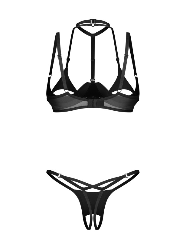 Black Open Cup Bra and Crotchless Thong Set with Choker Obsessive Rolleya