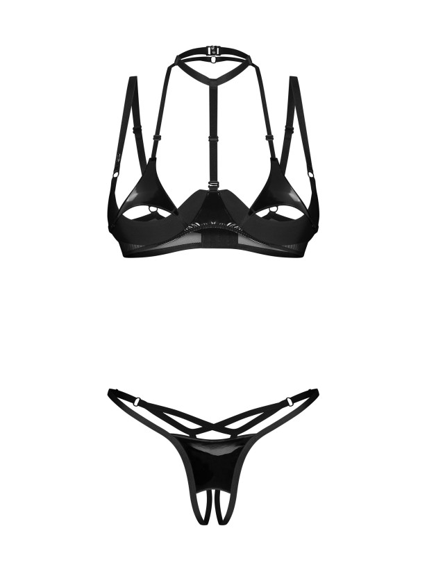 Black Open Cup Bra and Crotchless Thong Set with Choker Obsessive Rolleya