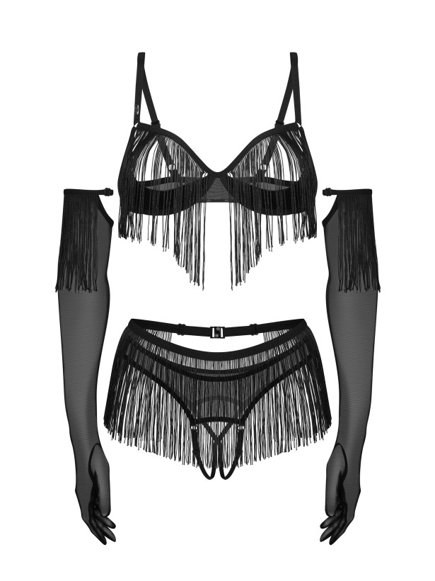 Fringe Open Cup Crotchless 4-Piece Set with Gloves Obsessive Rossay Black