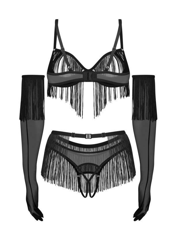 Fringe Open Cup Crotchless 4-Piece Set with Gloves Obsessive Rossay Black