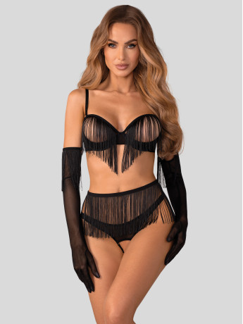 Fringe Open Cup Crotchless 4-Piece Set with Gloves Obsessive Rossay Black