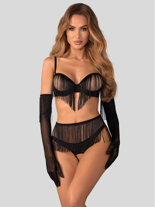 Fringe Open Cup Crotchless 4-Piece Set with Gloves Obsessive Rossay Black