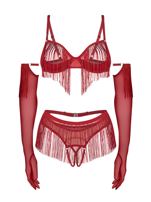 Fringe Open Cup Crotchless 4-Piece Set with Gloves Obsessive Rossay Red