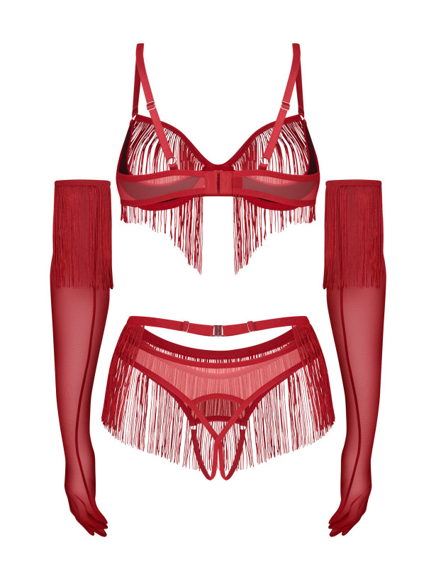 Fringe Open Cup Crotchless 4-Piece Set with Gloves Obsessive Rossay Red