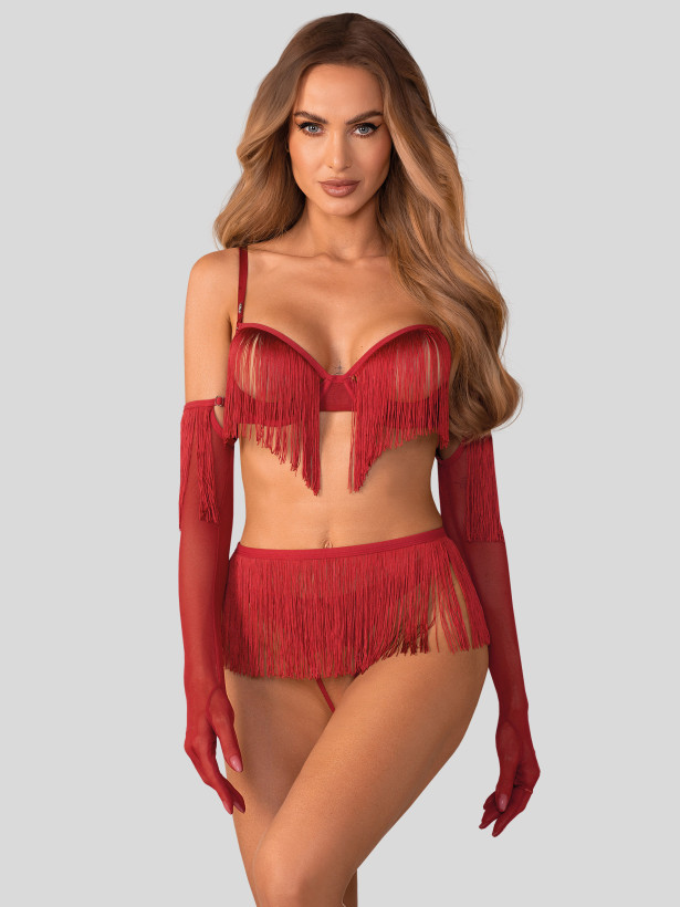 Fringe Open Cup Crotchless 4-Piece Set with Gloves Obsessive Rossay Red