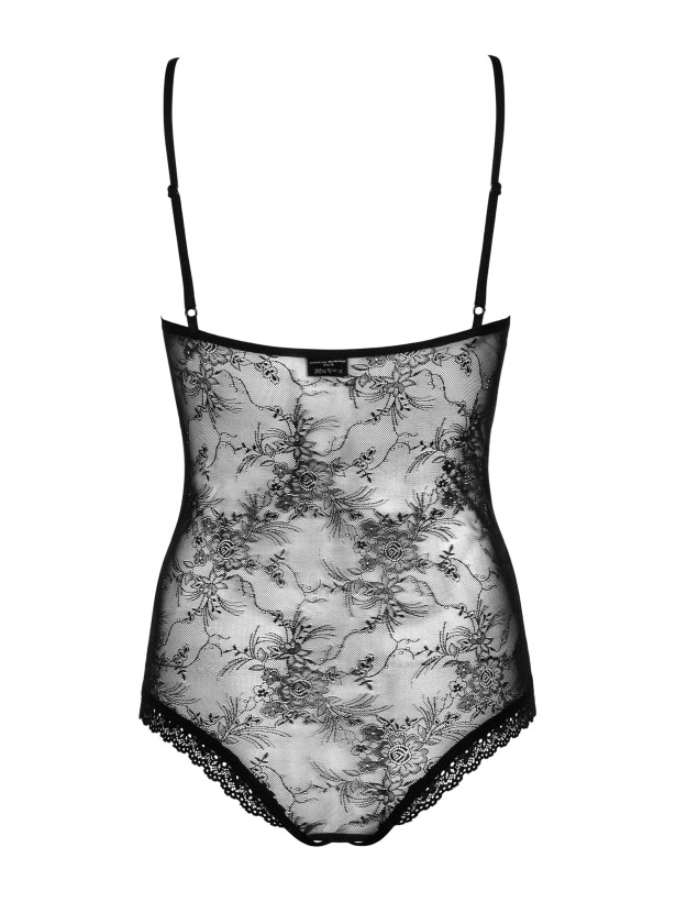 Black Floral Lace Crotchless Bodysuit with Front Lacing Obsessive Slevika