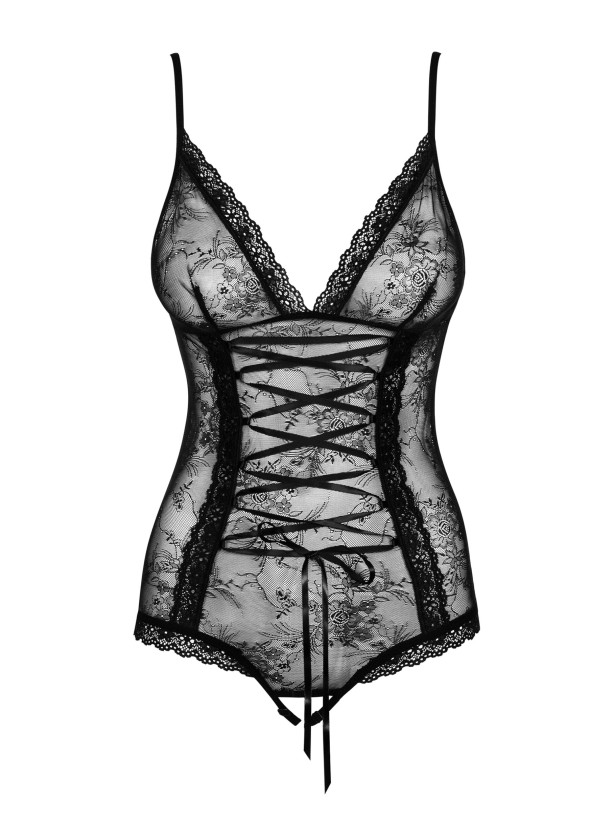 Black Floral Lace Crotchless Bodysuit with Front Lacing Obsessive Slevika