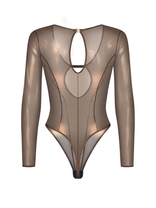 Long-Sleeve Bodysuit Obsessive Soranna - Black&Gold Shimmer Mesh Teddy