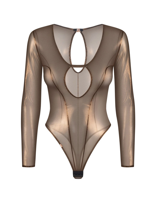 Long-Sleeve Bodysuit Obsessive Soranna - Black&Gold Shimmer Mesh Teddy