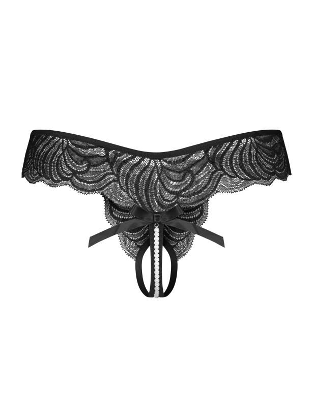 Black Lace Crotchless Thong With Pearl String Obsessive Trinise