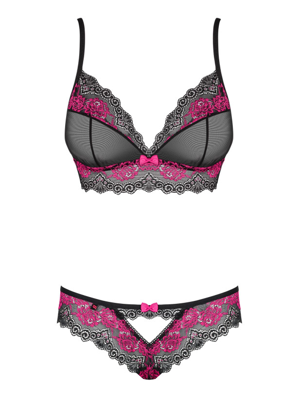 Schwarz-pinkes Blumenspitzen-Set BH und Slip Obsessive Tulia