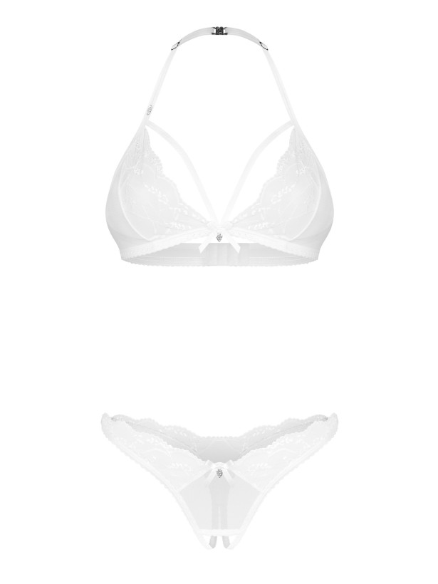 White Halterneck 3-Piece Set Bra Thong and Crotchless Thong Obsessive Weddya