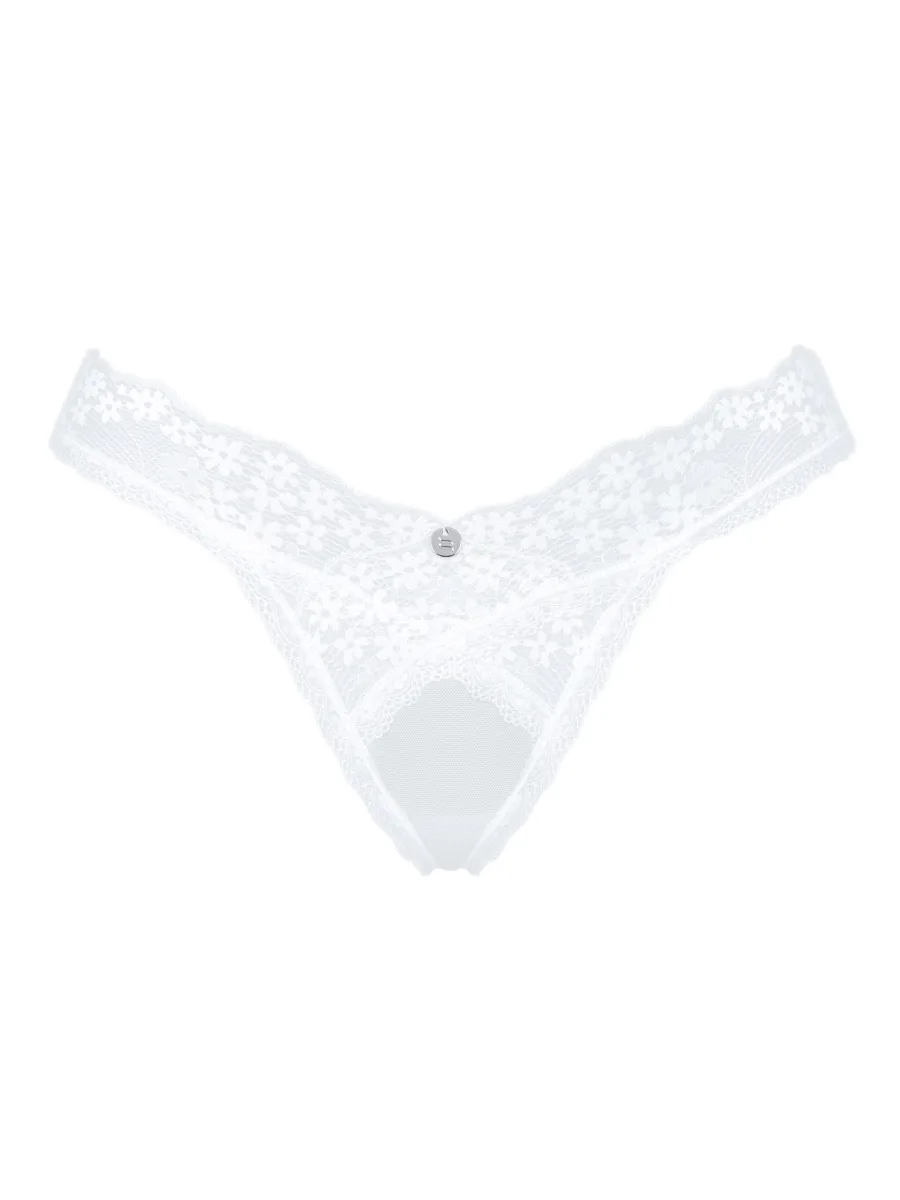 Himmlischer String-Tanga: Weißes Höschen aus Spitze und Netzstoff mit Anhänger
