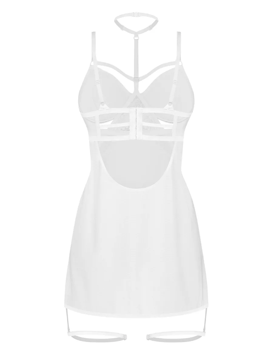 Weißes transparentes Minikleid mit Riemchen und Halsband Obsessive Arrowel White