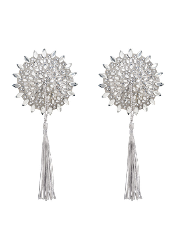 Nippel-Pasties mit Glitzersteinen und silbernen Quasten Obsessive Mistiqua