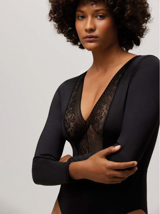 Lace Bodysuit Ysabel Mora 10093 – Deep V-Neck Long Sleeve