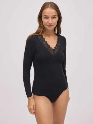 Langarm-Shirt Ysabel Mora 19483 – Baumwoll-Top mit Spitzen-V-Ausschnitt