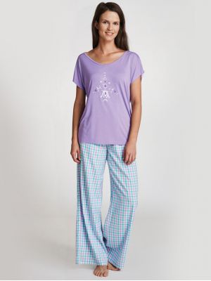 Women's Checked Pants Cotton Pajama Set Key LNS 413 A22