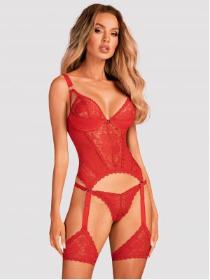 Obsessive Belovya Red Corset with Lace Garters & Thong