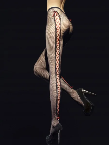 Corset Lacing Fishnet Tights FIORE Invito — Red Ribbon Side Detail