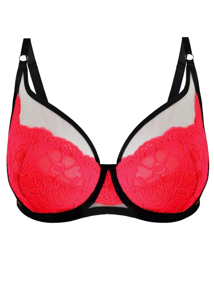 Plunge Underwired Bra Graphic Contrast Mediolano Funny – Neon Coral