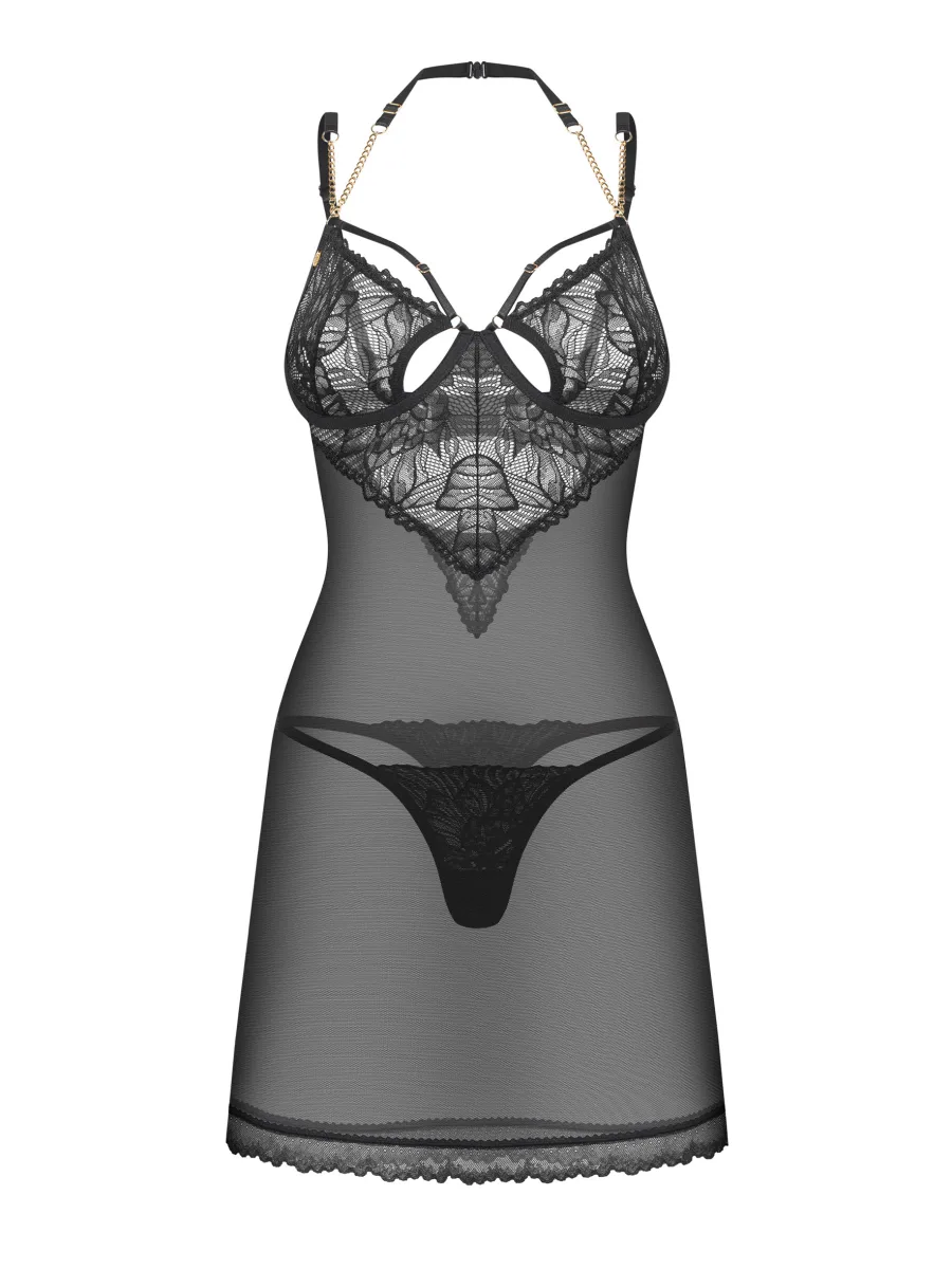 Black Sheer Chemise With Underwired Lace Cups And Thong Obsessive Matildea Black