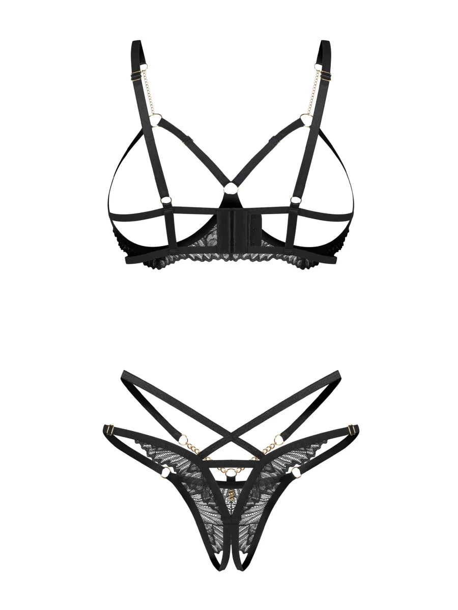 Schwarzes Dessous-Set BH mit offenen Cups und Ouvert-String mit goldfarbenen Ketten Obsessive Matildea Black