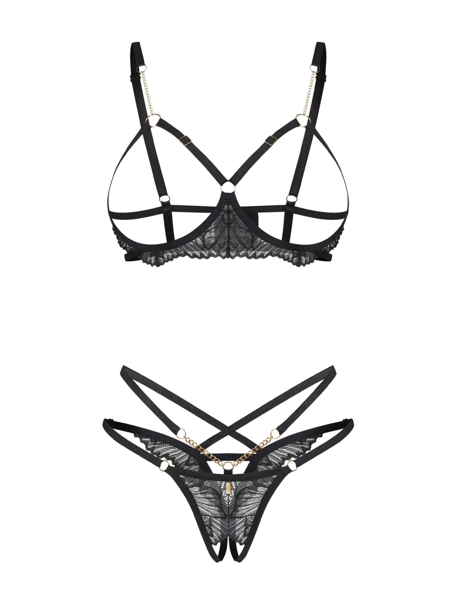 Schwarzes Dessous-Set BH mit offenen Cups und Ouvert-String mit goldfarbenen Ketten Obsessive Matildea Black