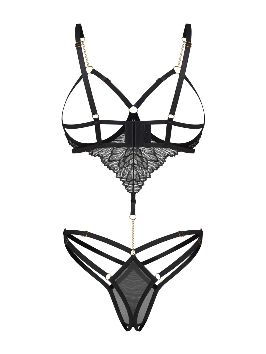 Black Open Cup Crotchless Bodysuit With Gold Chains Obsessive Matildea Black