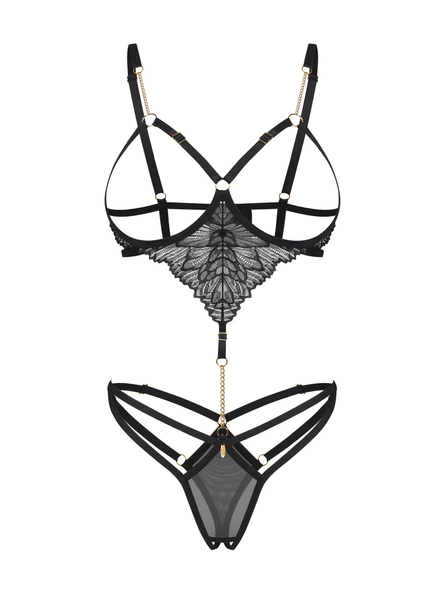 Black Open Cup Crotchless Bodysuit With Gold Chains Obsessive Matildea Black