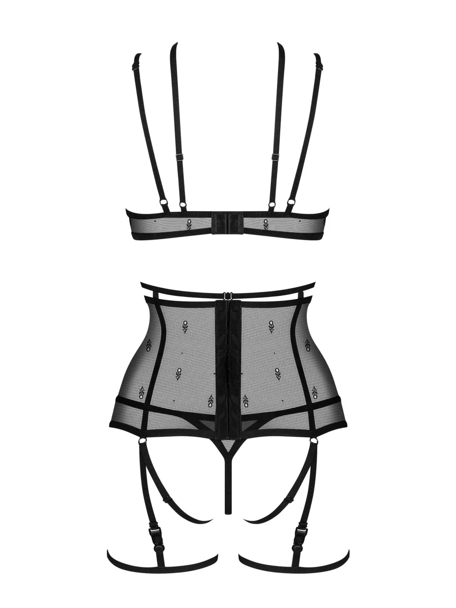 Black 4-Piece Lingerie Set Obsessive Exquisite Anniverse — Jacquard Mesh