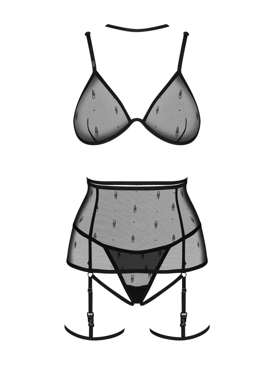 Black 4-Piece Lingerie Set Obsessive Exquisite Anniverse — Jacquard Mesh
