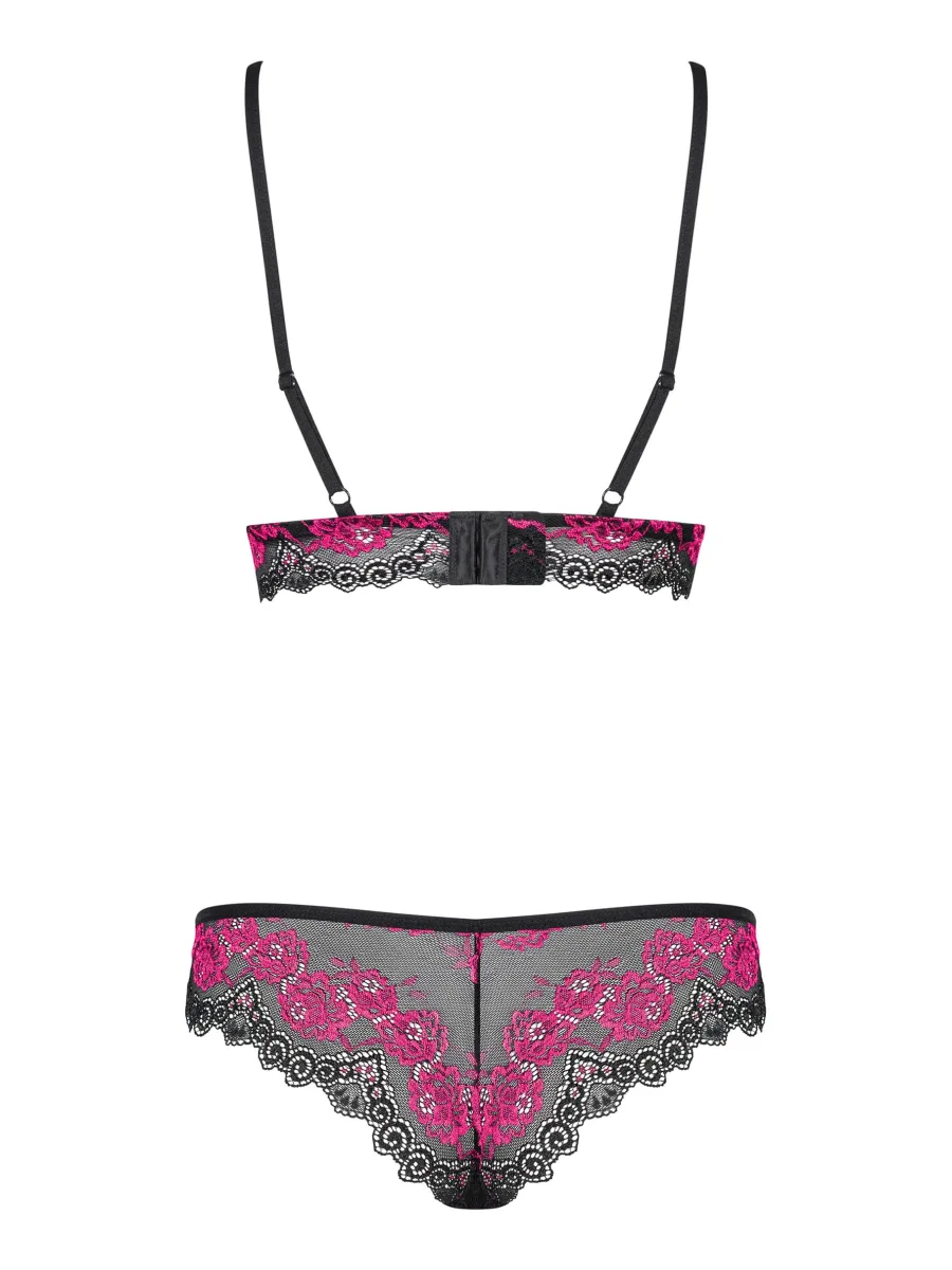 Schwarz-pinkes Blumenspitzen-Set BH und Slip Obsessive Tulia