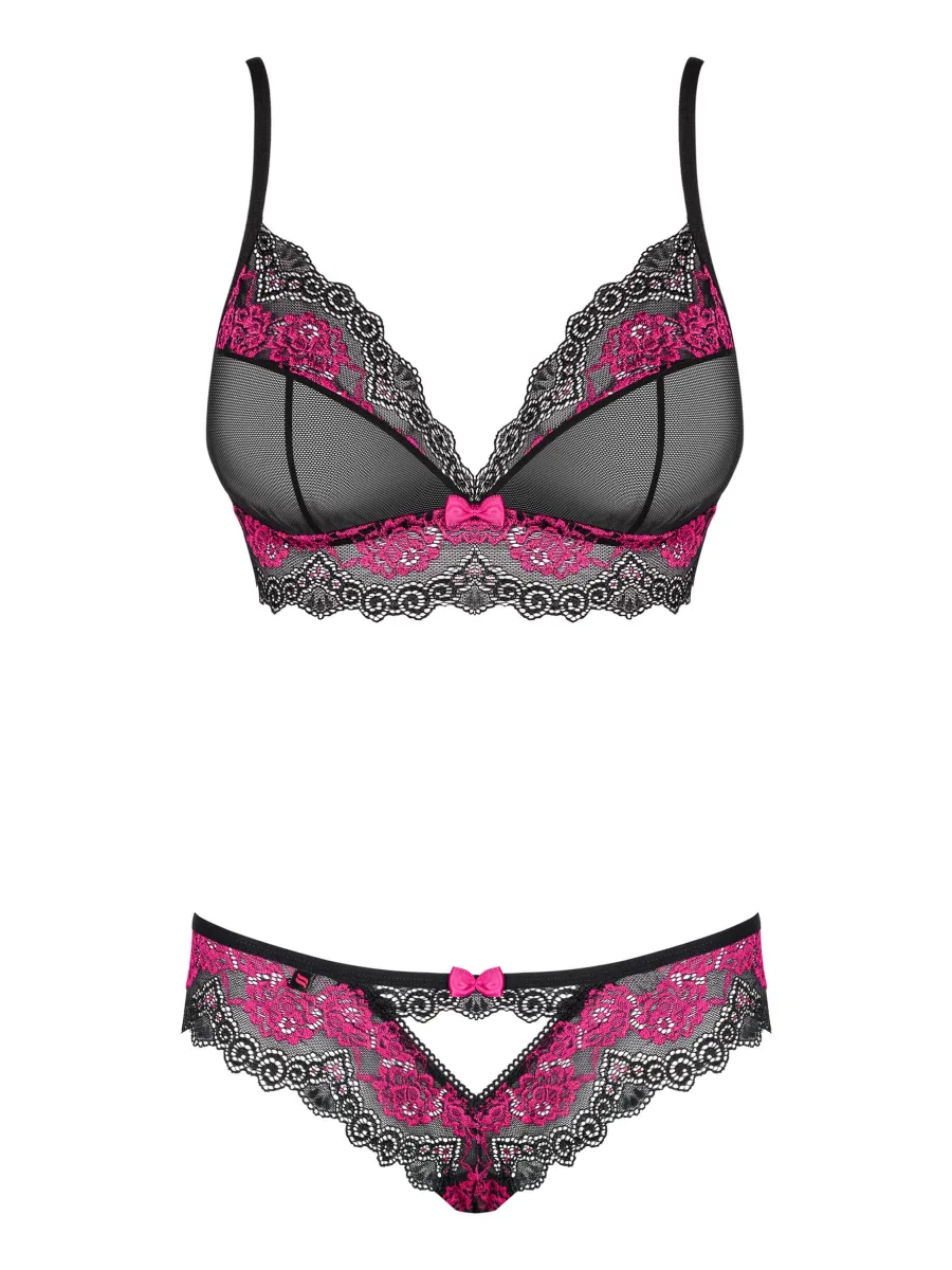 Schwarz-pinkes Blumenspitzen-Set BH und Slip Obsessive Tulia