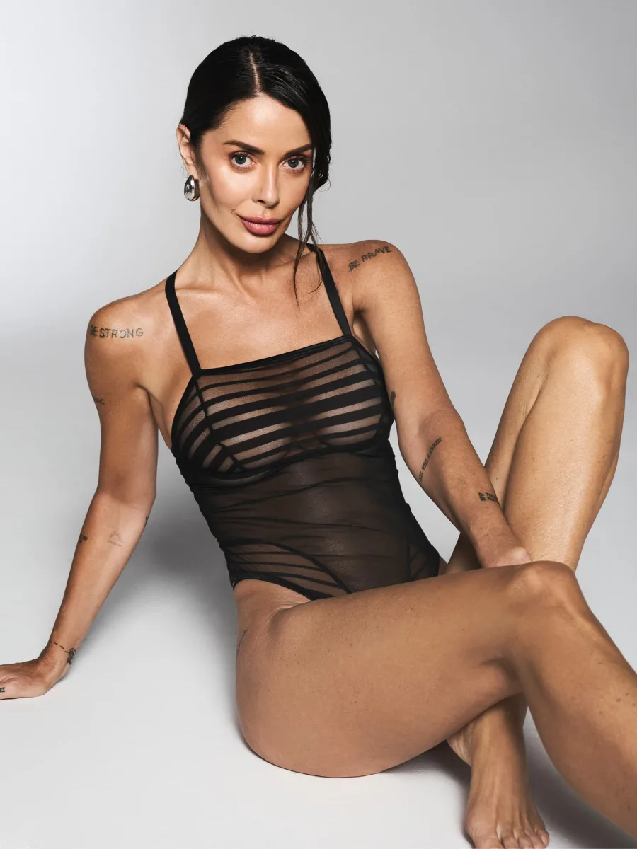 Black Bodysuit Obsessive Exquisite Lune Bellis — Striped Mesh Teddy