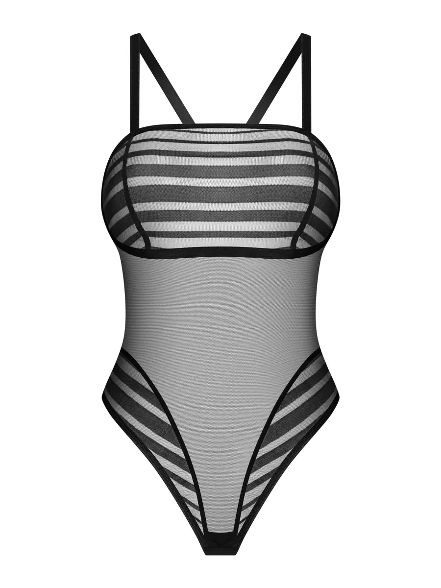 Black Bodysuit Obsessive Exquisite Lune Bellis — Striped Mesh Teddy