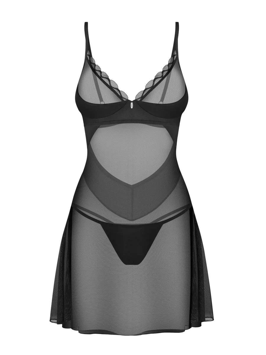 Obsessive Stelisa Chemise: Schwarzes transparentes Nachthemd mit Bügeln