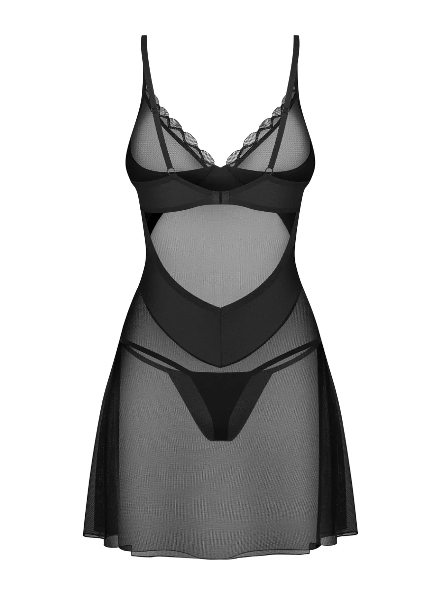 Obsessive Stelisa Chemise: Schwarzes transparentes Nachthemd mit Bügeln