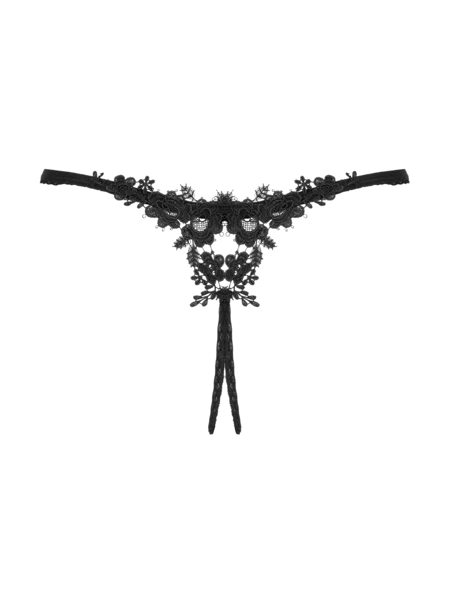 Obsessive Celia Noir String: Schwarze Dessous mit offenem Schritt und Guipure-Spitze