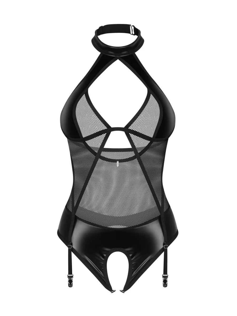 Black Faux Leather Bodysuit Obsessive Dominna — Open