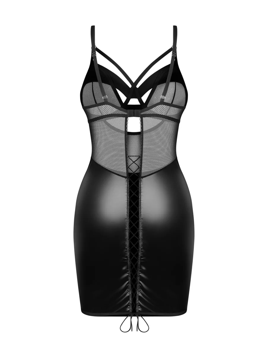 Black Faux Leather Chemise Obsessive Dominna — Lace-up Back
